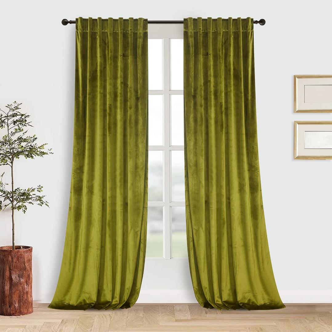 Roslynwood Luxury Soft Olive Velvet Curtains 84 inches Long Back Tab Thermal Insulated Blackout Window Drapes for Living Room/Bedroom/Dining Room, W52 x L84, 2 Panels
