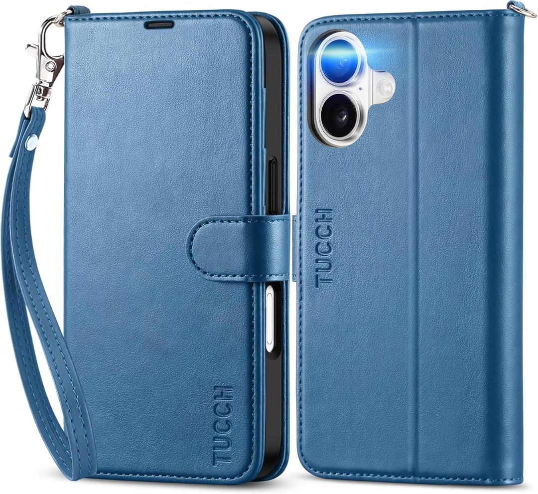 TUCCH Wallet Case for iPhone 17 (6.3-Inch) 2025, Wrist Strap | RFID Blocking 4 Card Holders | Kickstand | Shockproof TPU Shell | PU Leather | Magnetic | Protective Flip Cover | Light Blue