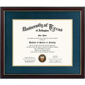 Graduation Mall 11x14 Diploma Frame with Navy over Gold Mat or Display 15x18 Certificate without Mat, Solid Wood & Tempered Glass, Cherry Finish with Gold Trim