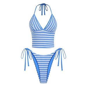 ZAFUL Swim Suit for Women 2025 Halter Neck Self Tie Bikini Bathing Suit Sexy V Neck Fashion Tankini Set Blue L