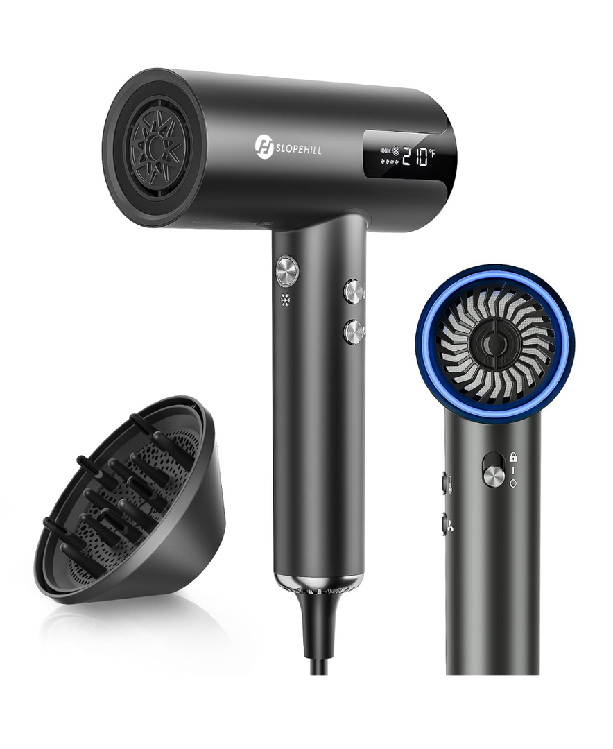slopehill Ionic Hair Dryer, Professional Blow Dryer, Lightweight Quiet Blowdryer, Powerful High-Speed Brushless Motor Fast Drying, Digital Hairdryer, Salon/Travel/Home, Cold Air Setting