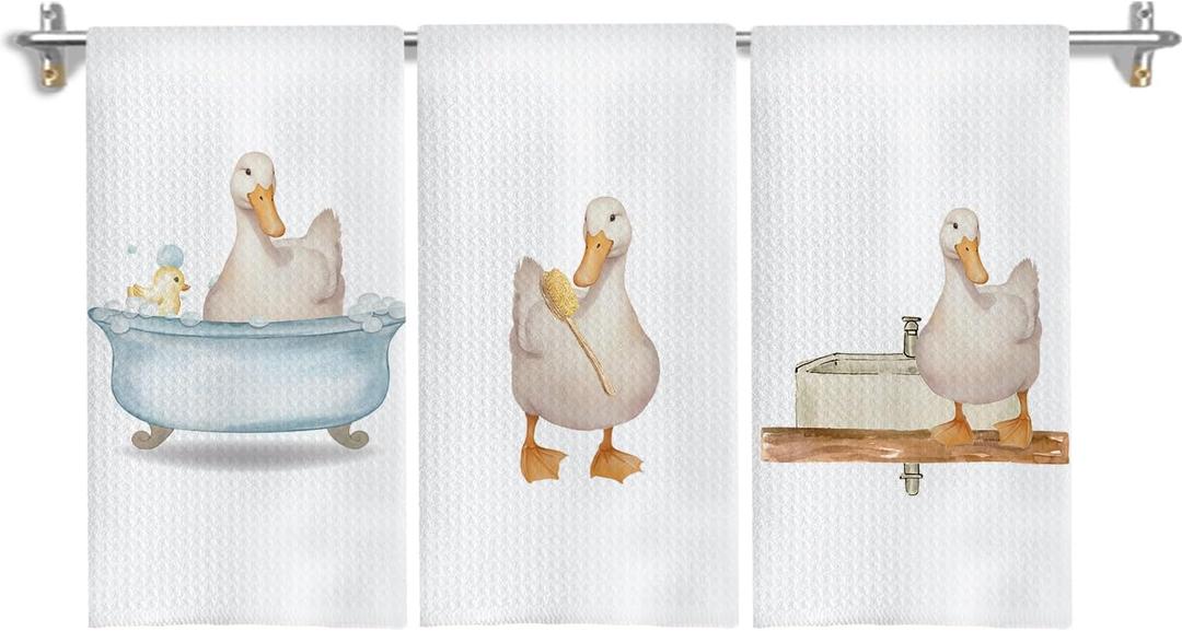 Duck Decor Hand Towels Set of 3, Kids Bathroom Hand Towels, Funny Duck Decorative Towels for Bathroom Decor, 16x24 Inches