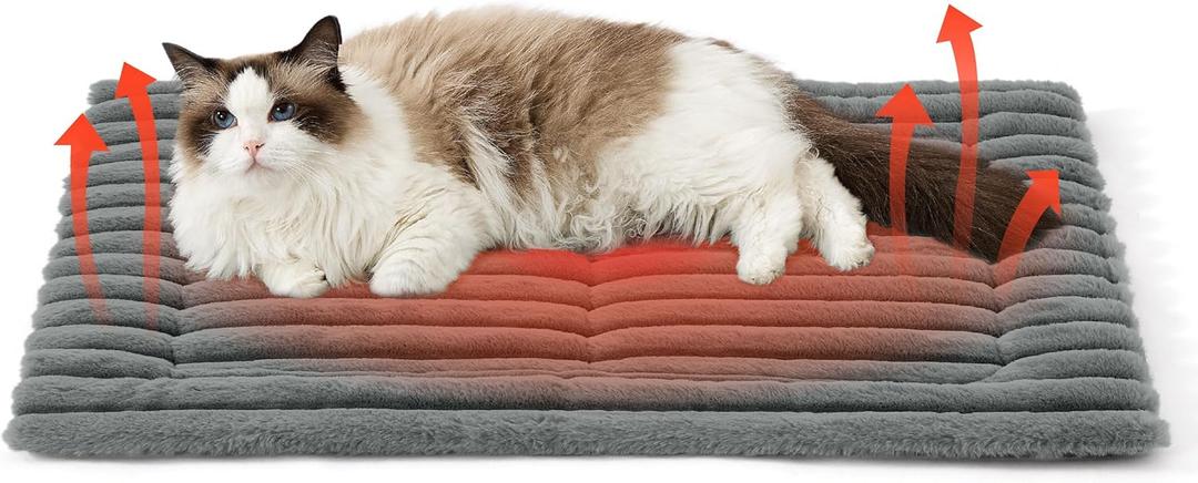 Bedsure ComfyFleece Self Warming Cat Bed, Medium Self Heating Dog Crate Pad, Thermal Extra Warm Puppy Mat Indoor, Non-Slip & Washable, Not Electric, 30" x 20", Grey