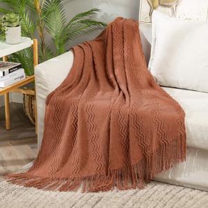 MIULEE Knitted Boho Throw Blanket for Couch Textured Knit Terracotta Rust Blanket with Tassels Cozy Woven Farmhouse Blanket for Sofa Bed Chair Wave Pattern Fall Decor 50"x60", Orange