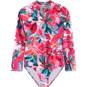 Girls Long Sleeve Swimsuit One Piece Bathing Suit Zipper UPF 50+ Rash Guard Swimwear (Pink, S)