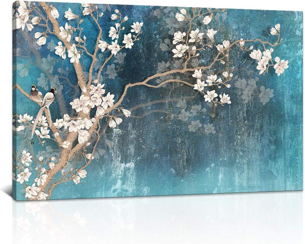 DekHome Large Size Couple Birds and Orchid Flower Blossom Picture Painting Print Artwork Teal Blue Canvas Wall Art Animal Canvas Print for Living Room Framed Ready to Hang 24"x40"