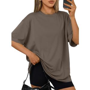 Trendy Queen Womens Oversized Summer T Shirts Plus Size Spring Cute Casual Tops Short Sleeves Fashion Workout Clothes (Brown, L)
