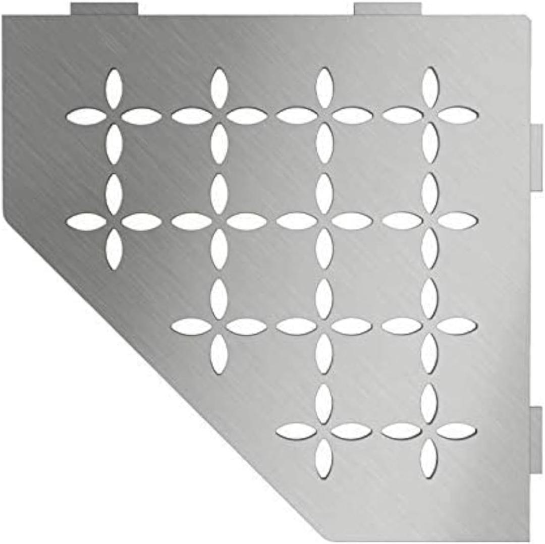 Schluter Pentagonal Corner Shelf for Tiled Walls - Floral Design, Stainless Steel Material, Brushed Stainless Steel Finish, 3/32" Thick Anchoring Tabs - SES2D5EB