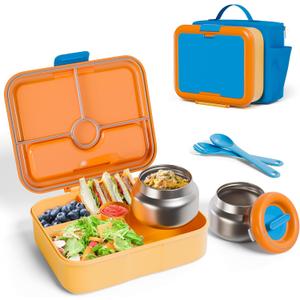 Kids Bento Lunch Box with Thermo: 8oz Insulated with Leak Proof Vacuum - 4 Compartment Hot Food Jar Insulated Lunch Bag - Two Temperature Zones - for Toddler Girls Boys School Trvael (Orange-yellow)