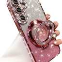Changjia for Samsung Galaxy S25 Glitter Kickstand Case, Luxury Bling Sparkly Diamond Rhinestones with Camera Lens Protector Liquid Flowing Ring Stand TPU Bumper Women Girls Case for Galaxy S25 (Pink)