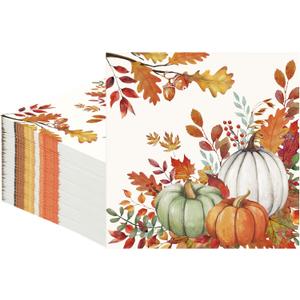 50 PCS Fall Pumpkin Paper Napkins Watercolor Autumn Luncheon Napkins Disposable Pumpkins Maple Leaves Dinner Party Napkin for Autumn Thanksgiving Harvest Decoration, 6.5 x 6.5 Inch