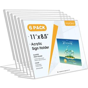 MaxGear Acrylic Sign Holder 8.5x11 Inches Horizontal 6 Pack, Slant Back Clear Tabletop Display Stands for Flyers Menus Documents, Landscape Sign Frames