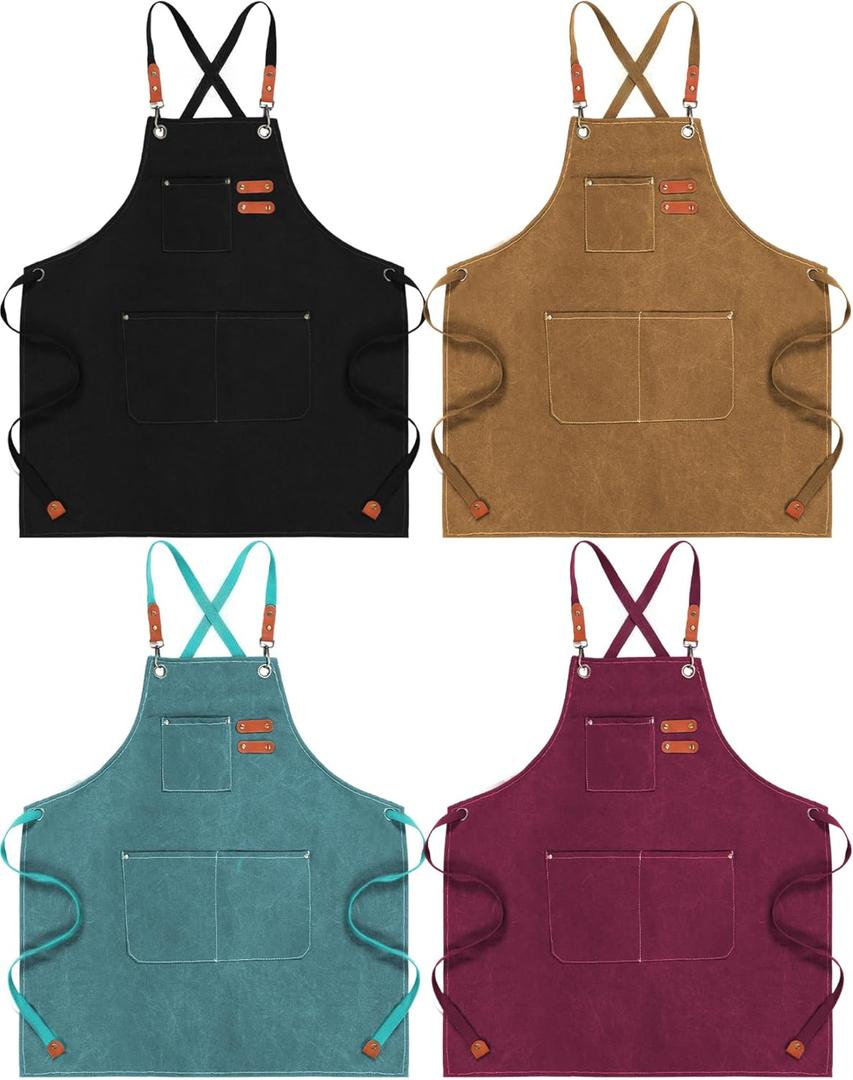 Toulite 4 Pack Canvas Chef Apron for Men with Adjustable Strap Cross Back Cotton Barber Apron with Pocket, 26 x 30'' (Camel, Black, Brick Red, Emerald)