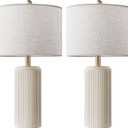 Ceramic Table Lamp Set of 2, 23 Inch 3-Level Dimmable Bedside Lamps with Linen Shade, Farmhouse Nightstand Lamps for Bedroom Living Room, Rustic White Desk Lamp, LED Bulb Included