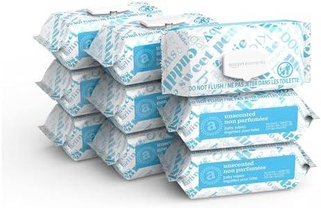 Amazon Elements Baby Wipes, Unscented, 720 Count, Flip-Top Packs