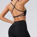 Strappy Sports Bra for Women,Spaghetti Straps Cross Open Back,Removable Padded,Low Impact Workout Yoga Crop Top, Size: Large (Black)