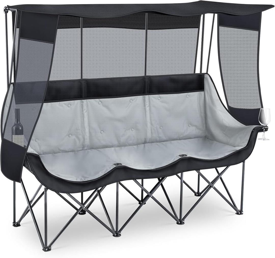 3 Person Camping Beach Chair with Canopy Shade Fully Padded Folding Outdoor Oversized Camping Sofa for 2-3 Person, Sturdy Loveseat Couch with Cup Holder and Carry Bag for Lawn Camp(Black)