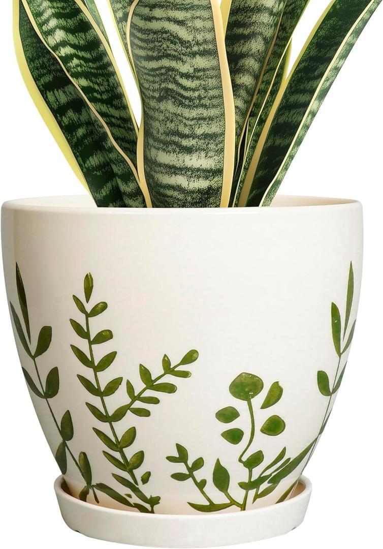 MPotTo Ceramic Pot for Plants 8.2 Inch - Indoor Plant Pot with Drainage Hole and Saucer, Decorative Boho Round Outdoor Planter, Gardening Gifts for Women Men, Room Patio Office Home Decor, White