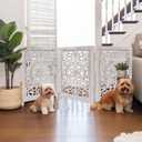 Croft&Cane Wooden Foldable Pet Dog Gate - Hand Carved 3-Panel 60 W x 24 H | Suzani White Wash Freestanding Portable Puppy Dog Fence - Solid Wood & MDF Indoor Doorway Hallway Stairs Safety Barrier