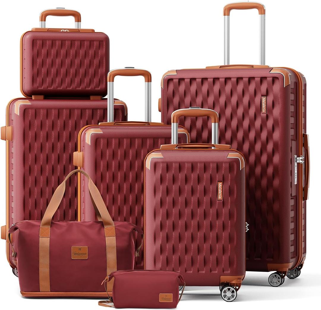 Melalenia Luggage Sets 3 Piece Hard Shell Carry on Suitcase with Spinner Wheels and TSA Lock, Lightweight Travel Duffel Bag for Women, Men, Red Brown