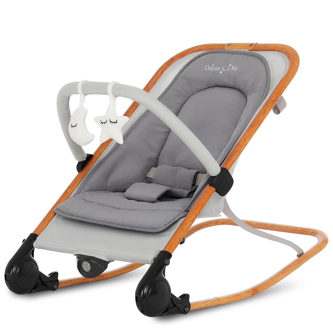 Dream On Me Rock On Me 2-in-1 Baby Rocker and Stationary Seat, Adjustable Recline, Gentle Music & Vibration, 3-Point Safety Harness, Detachable Toy Bar, Folds Compact for Travel Grey