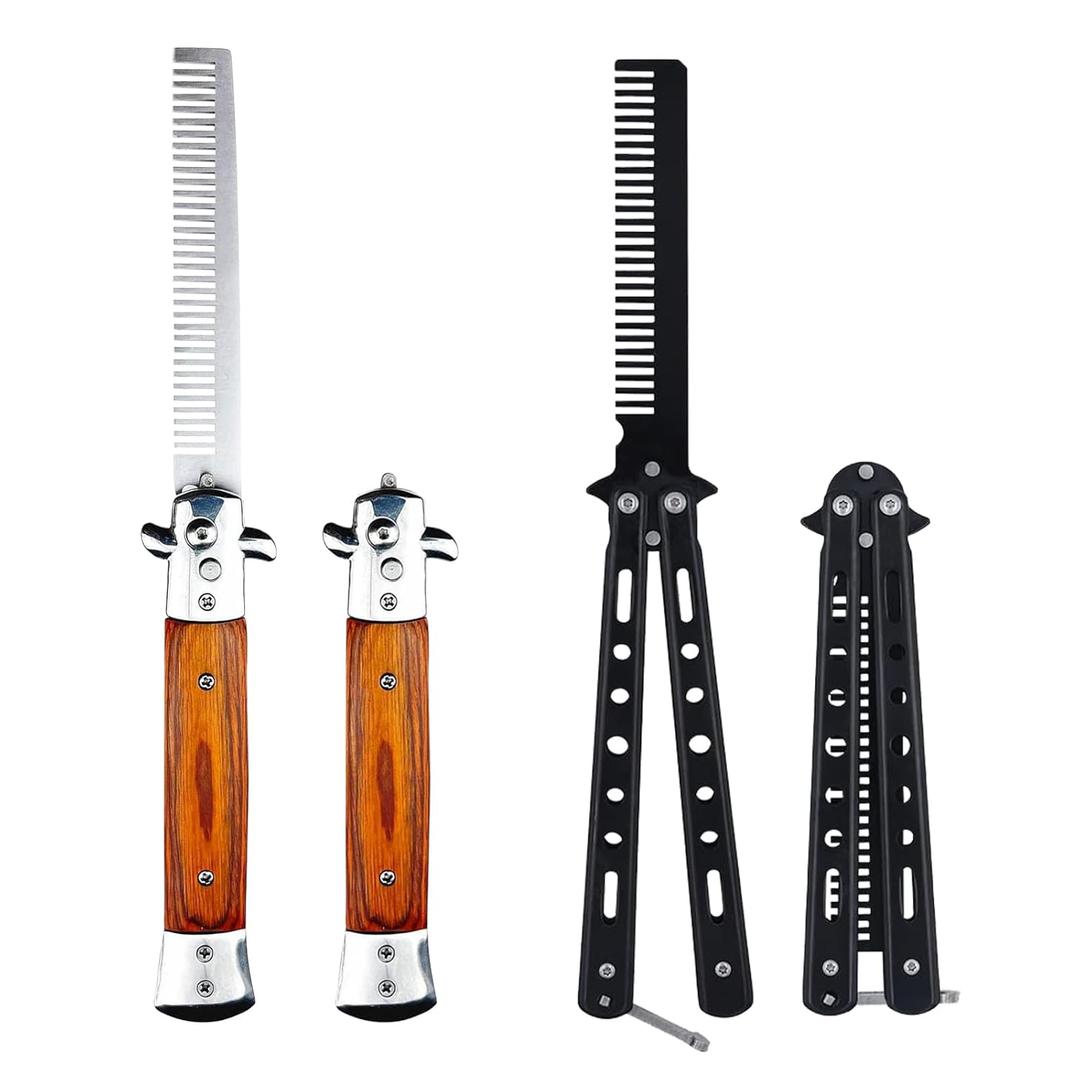 2 Pack Automatic Switch Folding Practice Combs, Stainless Steel Butterfly Comb for Hair Styling Tools (Wood+Black)