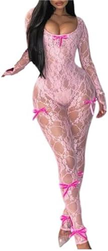 Lace Jumpsuit for Women Sexy Mesh Bow long Sleeve Bodycon One Piece Jumpsuits Summer Outfits Clubwear size L