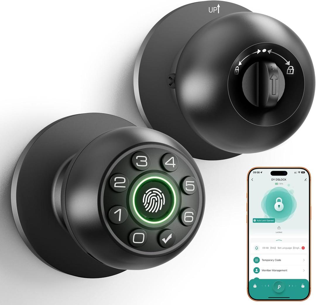 Fingerprint Door Lock - Smart Door Knob, Biometric Door Lock with Keypad Passcode Door Handle for Bedroom Home Office (Black)