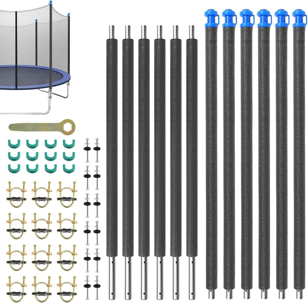 FAHKNS 6PCS Trampoline Replacement Straight/Curved Poles, 8-16FT Universal Enclosure Pole with Foam Sleeve & Hardware, 2 Installation Ways