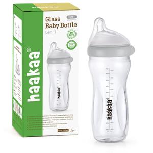 haakaa Gen.3 Natural Glass Baby Bottle 11oz - Wide Neck Anti-Colic Variable Flow Nipple,Easy to Clean & Latch for Newborn 0m+ 6m+ Breastfed Baby Toddler,BPA-Free - Grey