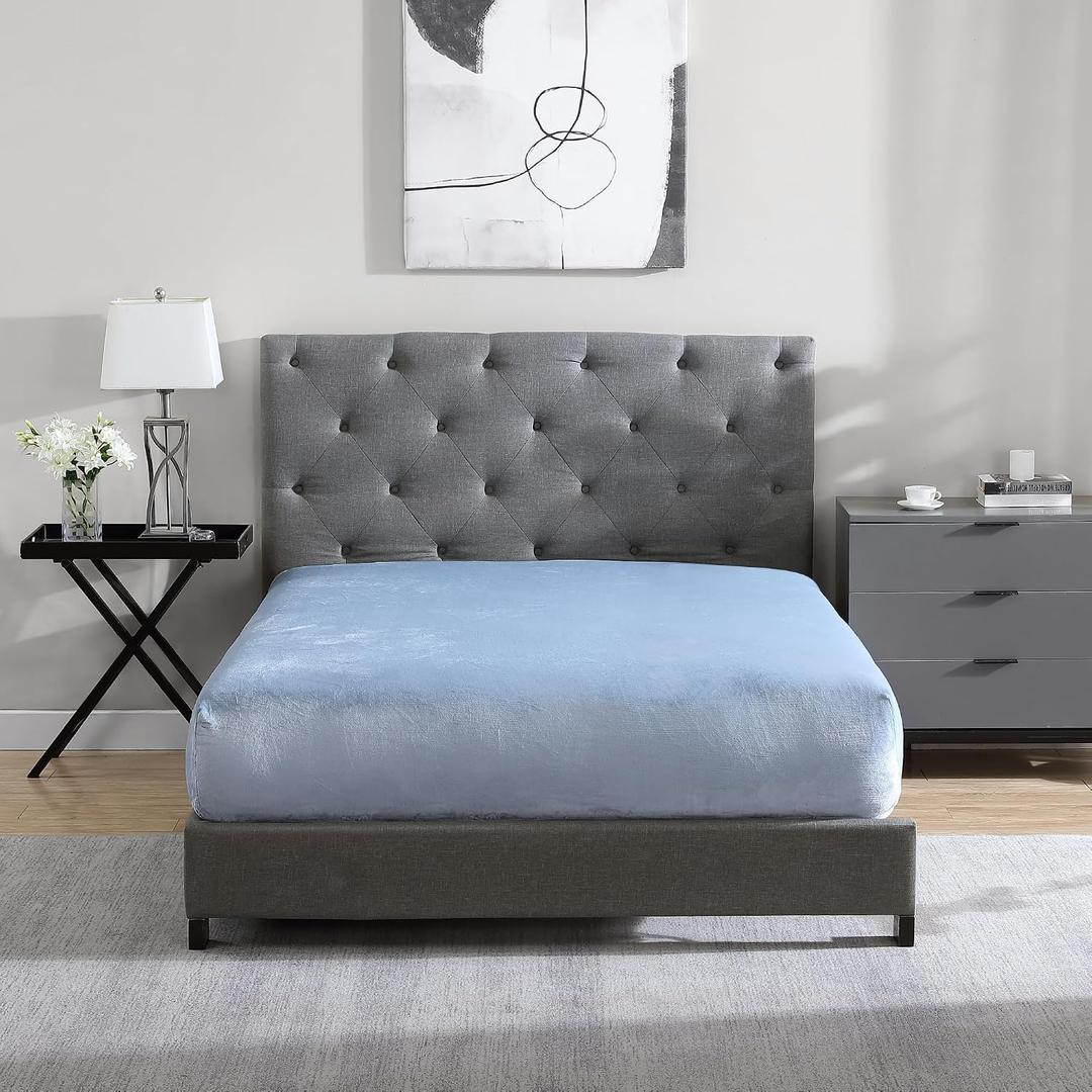 Cathay Home Full Plush Fur Fitted Sheet - Ultra Soft & Thick Plush Fur - All Season Cozy Warmth - 12" Deep Pocket Fitted Sheet Only (Full, Blue Fog)