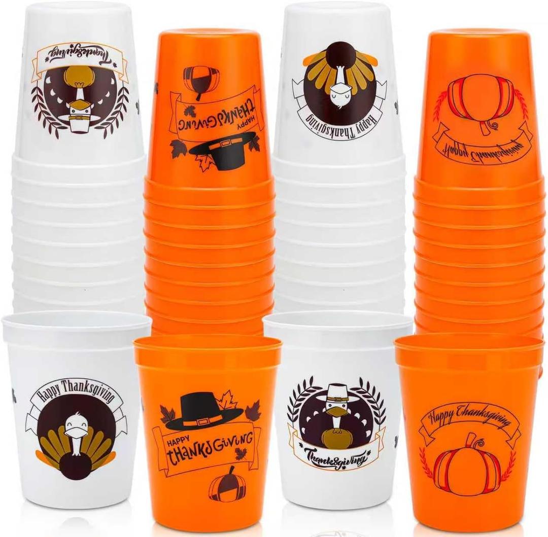 24 Pack Thanksgiving Cups - 16oz Orange & White Plastic Fall Party Cups with Autumn Pumpkin and Turkey Designs, Perfect for Friendsgiving and Holiday Celebrations