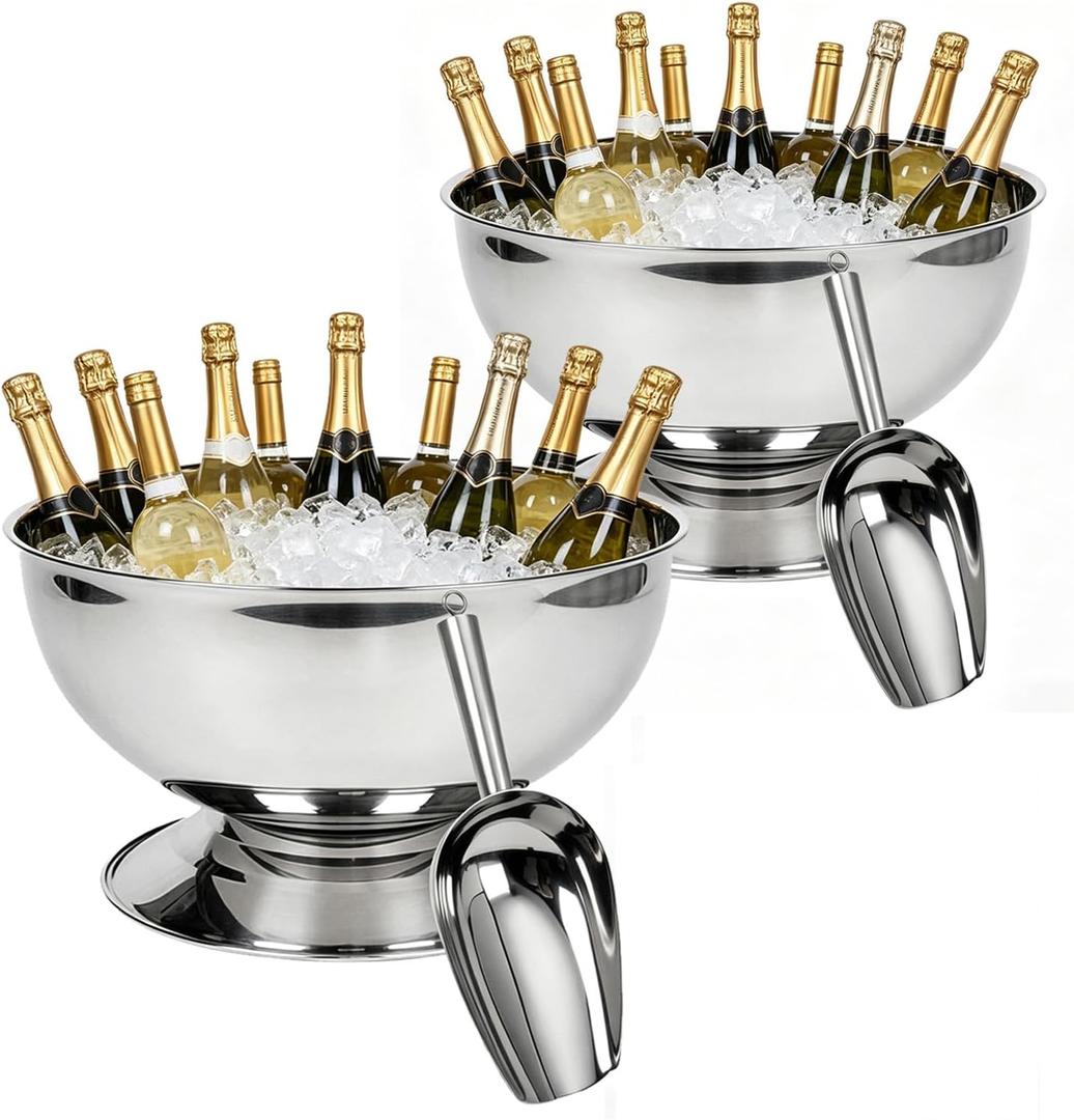 2 Pack Large Ice Bucket, 12L Champagne Bucket  Semicircle Drink Tub with Integrated Base Gold Beverage Tub for Parties, Cocktail Bar, Chilling Wine