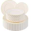 U-QE 100 Piece Ivory Scalloped Plastic Plates for Party with Gold Rim - Plastic Party Plates Disposable Heavy Duty - High End Disposable Plates Include 50pcs Dinner Plates 9"&50pcs Dessert Plates 6.5"