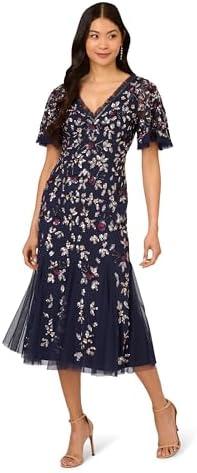 Adrianna Papell Womens Beaded Mesh Midi Dress Size 14