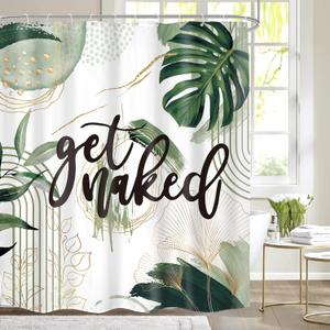 Green Boho Shower Curtain 60Wx72H Bohemian Sage Green Golden Leaves Get Naked Abstract Mid Century Modern Plant Botanical Bathroom Decor Minimalist Bath Curtain Fabric Polyester 12 Pack Hooks