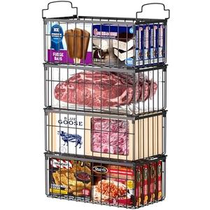 MSERCUOR Freezer Organizer Bins, 4 Pack Stackable Deep Chest Freezer Organizer Bins, Foldable Baskets with Handles, Black Storage Container Baskets for 5/ 7 Cu.FT Deep Freezer Sort Frozen Meats