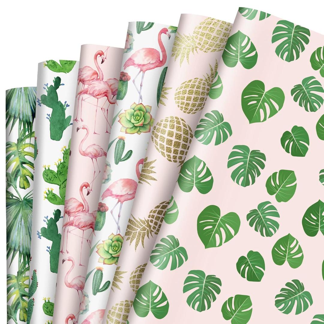 AnyDesign 12 Sheet Tropical Gift Wrapping Paper Flamingo Cactus Pineapple Palm Leaves Gift Wrap Paper Bulk Green Pink Hawaii Style Art Paper for Summer Wedding Baby Shower Birthday, Folded Flat