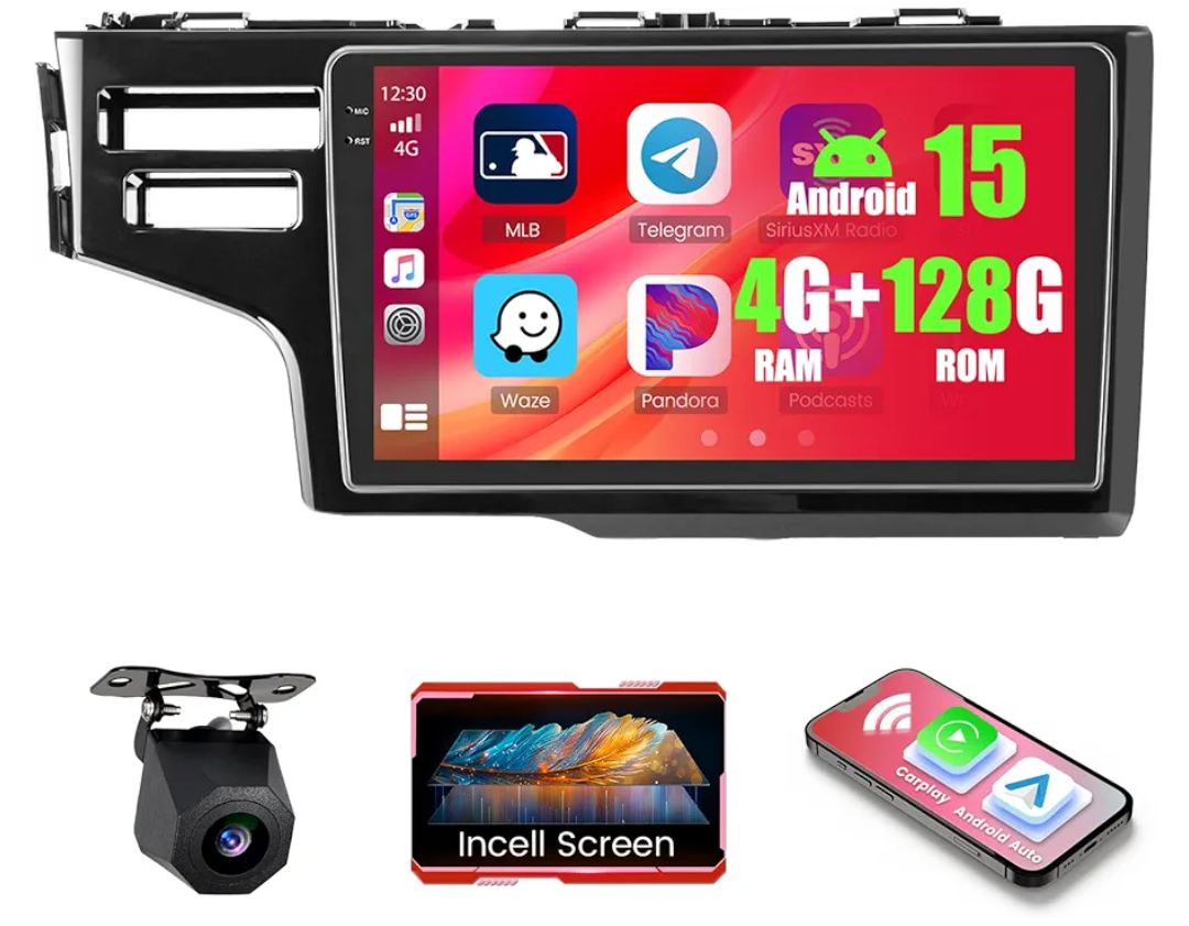 4+128GB Android 15 Car Radio for Honda Fit 2014-2018 Wireless Carplay Android Auto, 9" 1280 * 720P in-Cell Touch Screen Car Stereo WiFi Bluetooth5.0 GPS FM/RDS EQ Backup Camera MIC