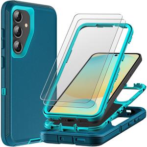 for Samsung Galaxy S24 FE Case with 2Pcs Tempered Glass Screen Protector, Military Grade 3 in 1 Heavy Duty Shockproof/Drop Proof/Dust Proof Case (Blue/Turquoise)