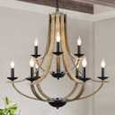 Farmhouse Chandeliers for Dining Room Light Fixture, 9-Light 31" Adjustable Height Retro Faux Wood Texture Rustic Light Fixtures for Living Room Bedroom Kitchen Island Foyer Entryway