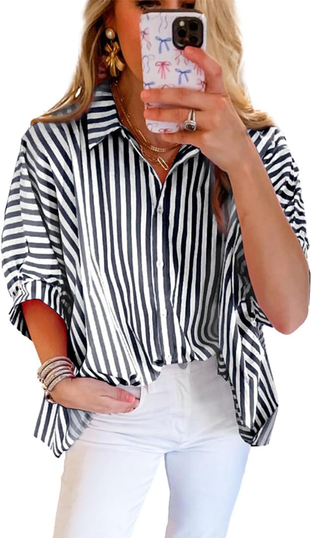 Women 2025 Summer Stripe Dolman Sleeve V Neck Oversize Shirt Tops Casual Button Up Short Sleeve Striped Blouse (S)