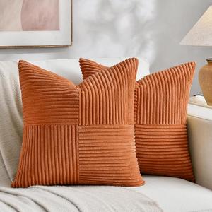 Fancy Homi 2 Packs Orange Decorative Throw Pillow Covers 18x18 Inch for Living Room Couch Bed Sofa, Rustic Farmhouse Boho Home Decor, Soft Corss Corduroy Patchwork Textured Square Cushion Case 45x45 cm