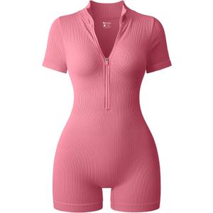 OQQ Women Rompers Ribbed Short Sleeve Zip Front Stretch Tummy Control Yoga Workout Rompers (Small, Dry Rose)