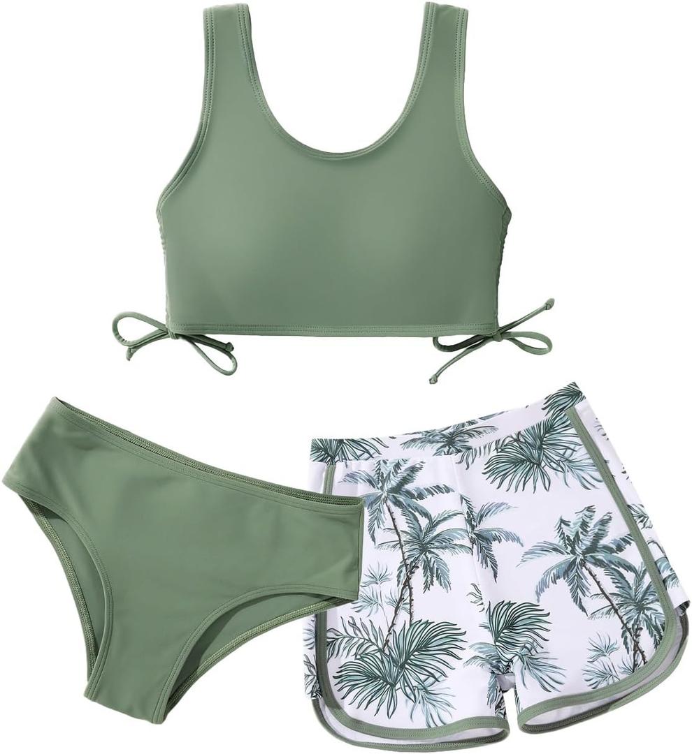 Girl's 3 Piece Bikini Bathing Suit Printed Sport Swimsuits with Shorts Cove Up Sets Teen Girl's Swimwear (11-12 Years)