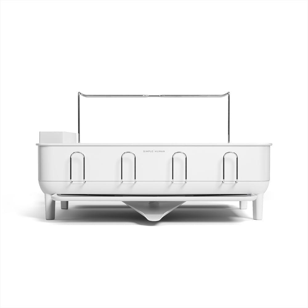 simplehuman Large Capacity Dish Drying Rack with Stainless Steel Frame, 360 Easy Drain Swivel Spout, Utensil & Wine Glass Holder, Anti-Residue Coating, Moisture Control Surface, White