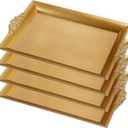 4 Pcs Gold Tray 14" x 10" Rectangle Decorative Plastic Serving Trays with Embossed Rims for Party Anniversary Wedding Bridal Shower, Baby Shower, Birthday, Cake Dessert Display