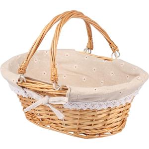 Wicker Basket with Handle, 14.2 x 11 x 6.7 Inch Wicker Picnic Baskets with Liner, Oval Willow Woven Basket for Fruit, Wine, Gathering, Wedding, Picnic,by GNIEMCKIN