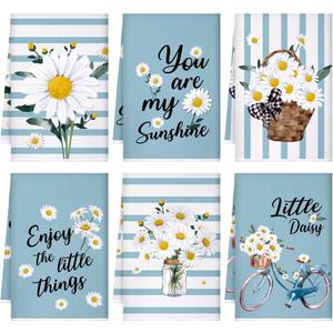 Boyiee Set of 6 Daisy Flower Kitchen Towels Daisy Stripes Tea Towels Floral Absorbent Dishtowels 24 x 16 Inches Housewarming Gifts Blue Hand Wash Cloth for Farmhouse Kitchen Bathroom Decorations