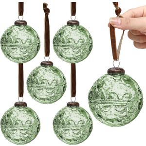 Threan 6 Pcs Large Vintage Mercury Glass Christmas Ornaments 3.15" Hanging Christmas Ball Ornaments Antique Embossed Ball Decorations for Xmas Tree Garland Wreath Holiday Decor(Green, Etched)